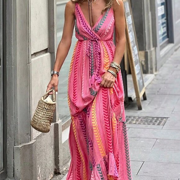 Hot Pink Boho Women's Western Geometric Tie Ruffle Halter Long Dress - Picture 2 of 8
